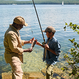 Father and son fishing on lake