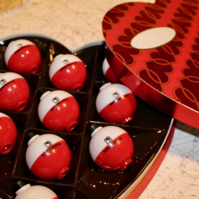 fishing bobbers in a chocolate box. Fishing valentines dates